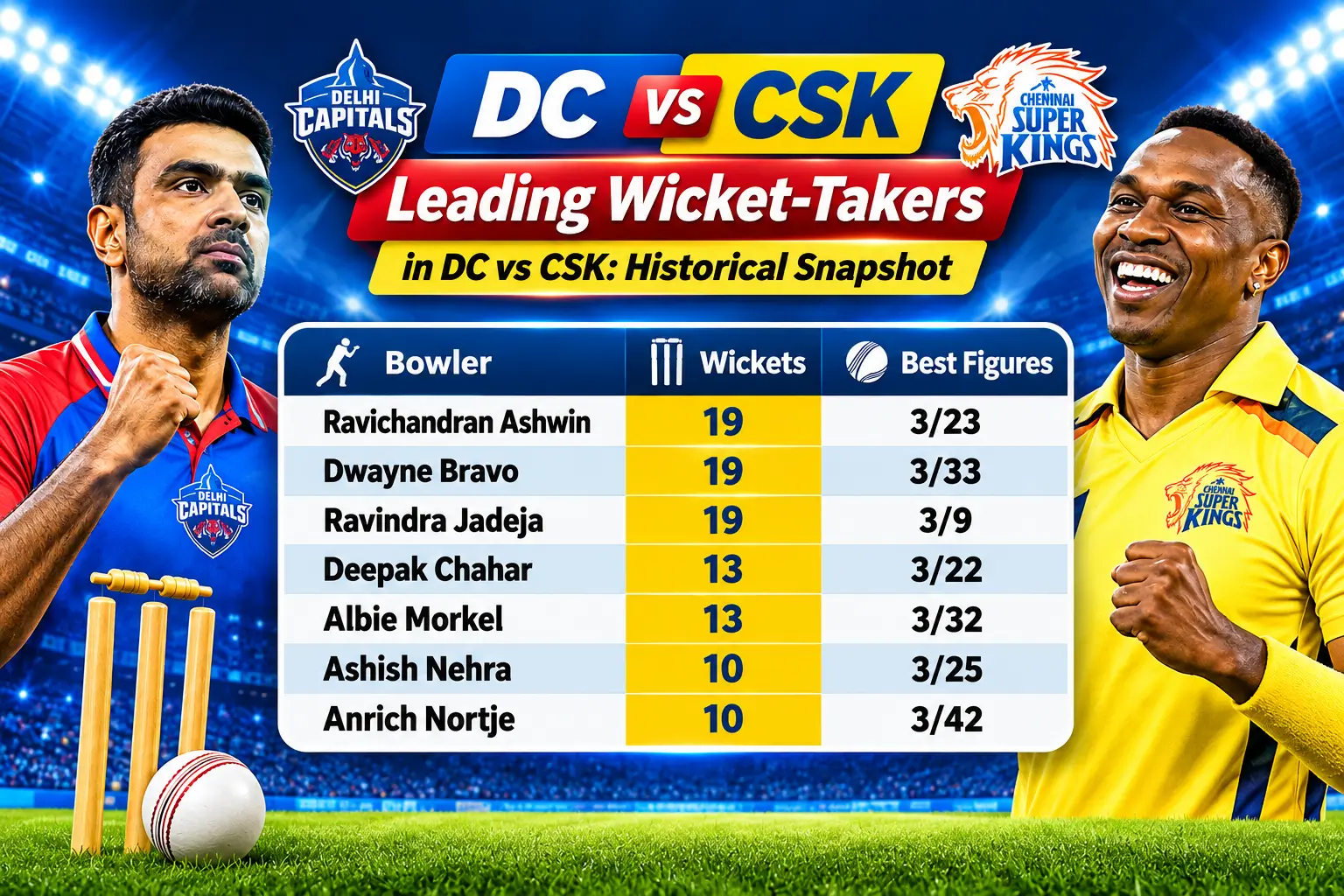 Leading wicket-takers in DC vs CSK IPL history.