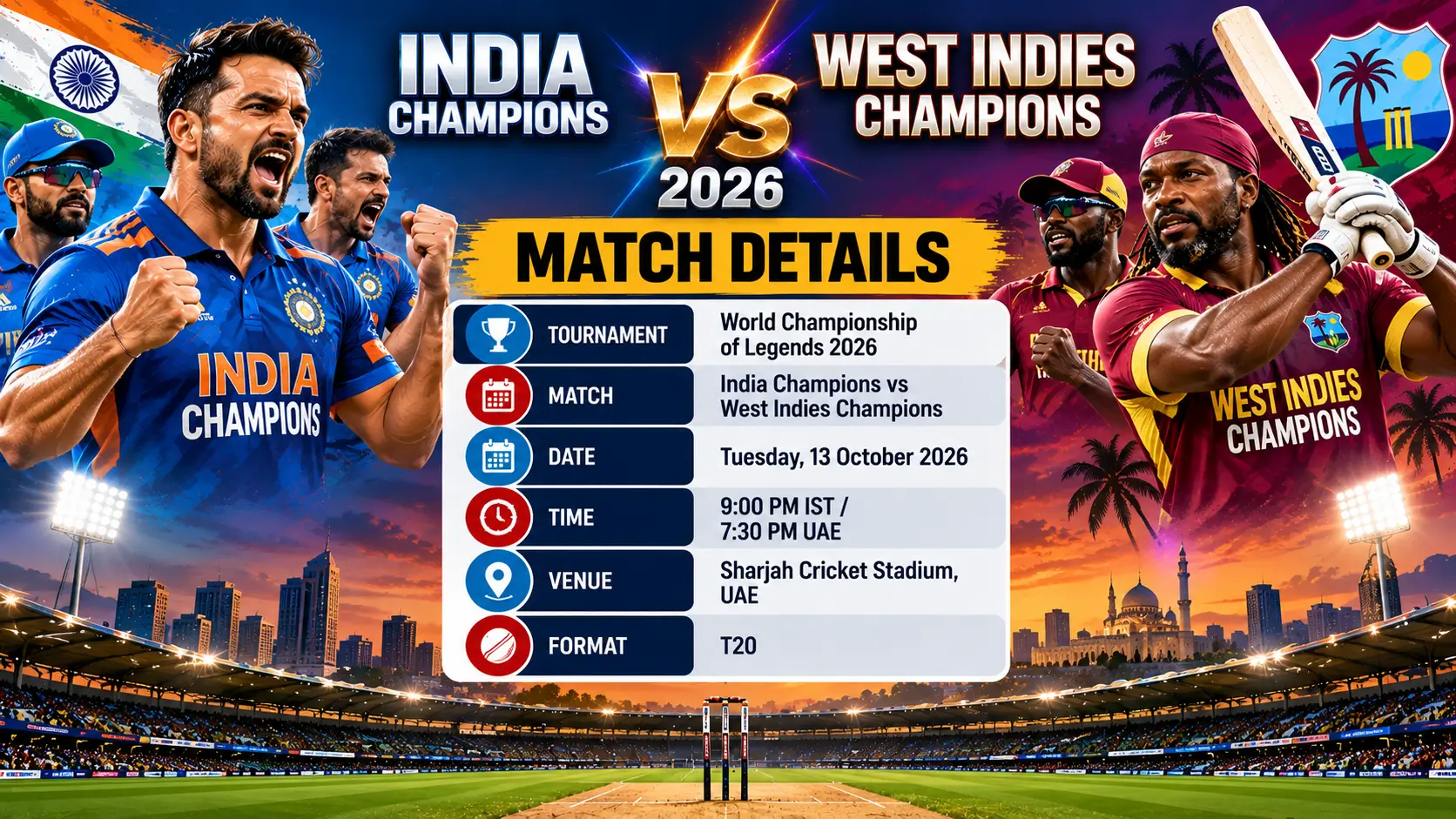 India Champions vs West Indies Champions 2026: Predicted Playing XI