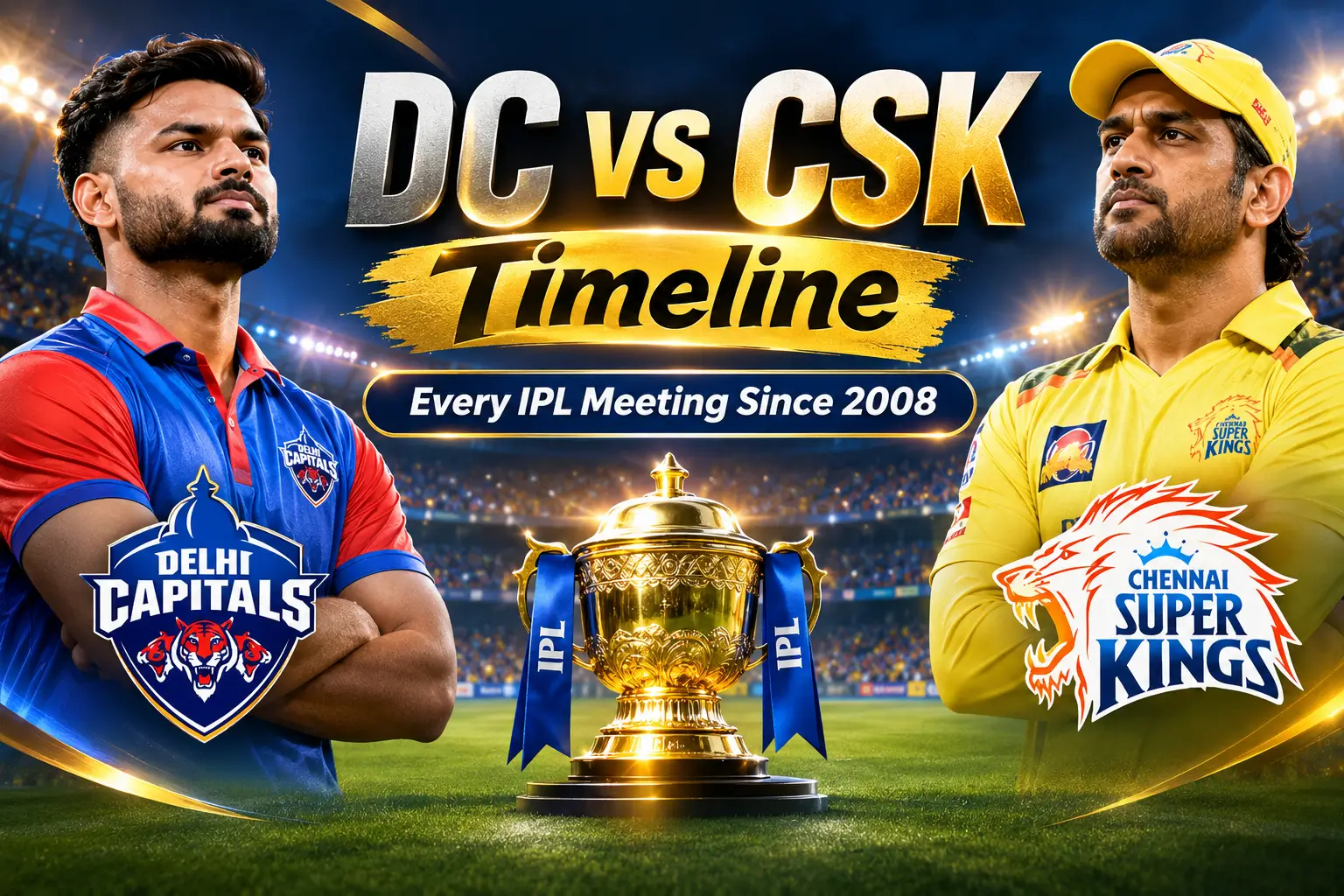DC vs CSK IPL timeline since 2008 featuring Delhi Capitals and Chennai Super Kings players with the IPL trophy.
