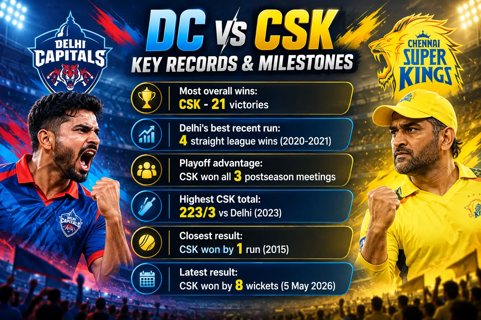 DC vs CSK IPL rivalry key records featuring Chennai Super Kings and Delhi Capitals, head-to-head wins, highest score, and major milestones.