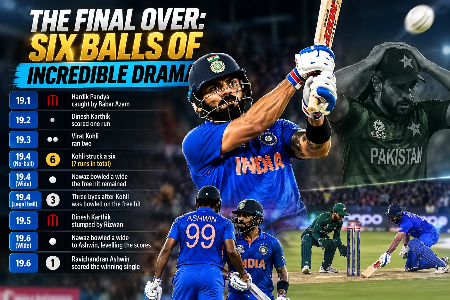 India vs Pakistan T20 World Cup 2022 dramatic final over featuring Virat Kohli and Ashwin.