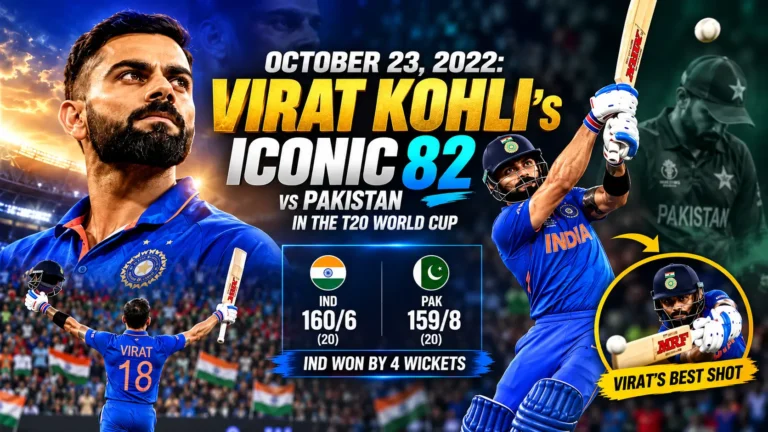 Virat Kohli's iconic 82 vs Pakistan in T20 World Cup 2022, featuring his legendary six.